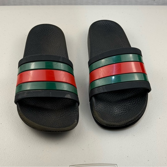 Gucci Black Slides Red Green Web Sandals Men’s Size 8 Luxury Classic Preppy - Picture 2 of 14